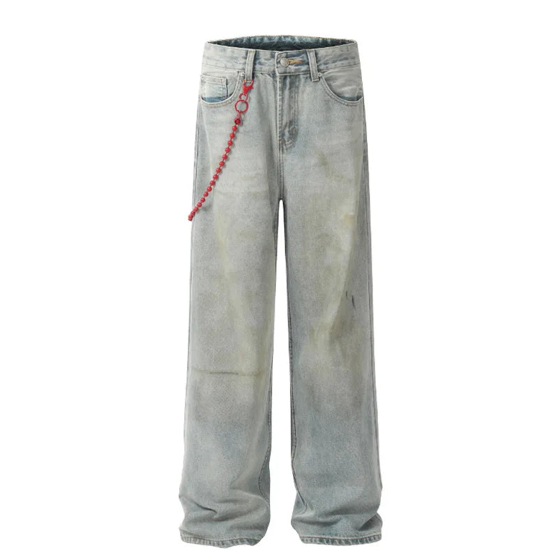 Wide-leg Custom Streetwear Cotton Denim Straight Baggy Loose Patchwork Stonewashed Button Jeans