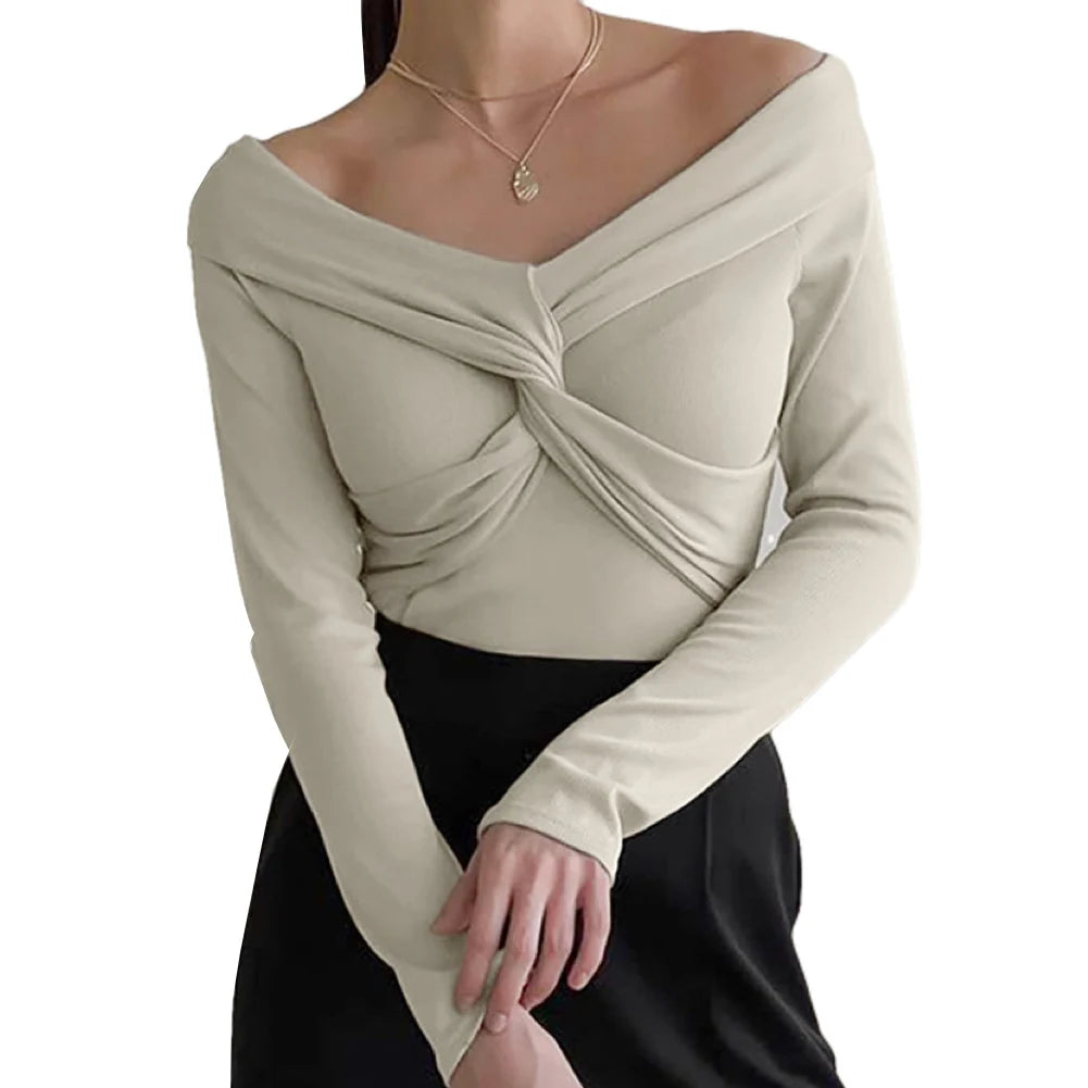 2025 New Arrival Women's Shoulder Knit T-Shirt Cross Style Slim Long Sleeve Solid Twist Bust Loose 2023 Long Sleeve Twist Bust