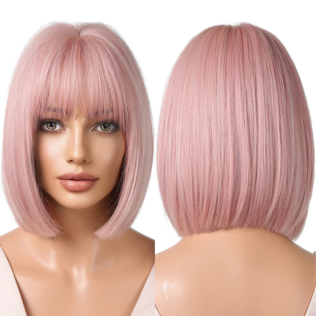 Factory Outlet Pink Short Bob Wig with Bangs Synthetic Pink Cosplay Wigs for Women Natural Straight Lolita Party Hair Wig