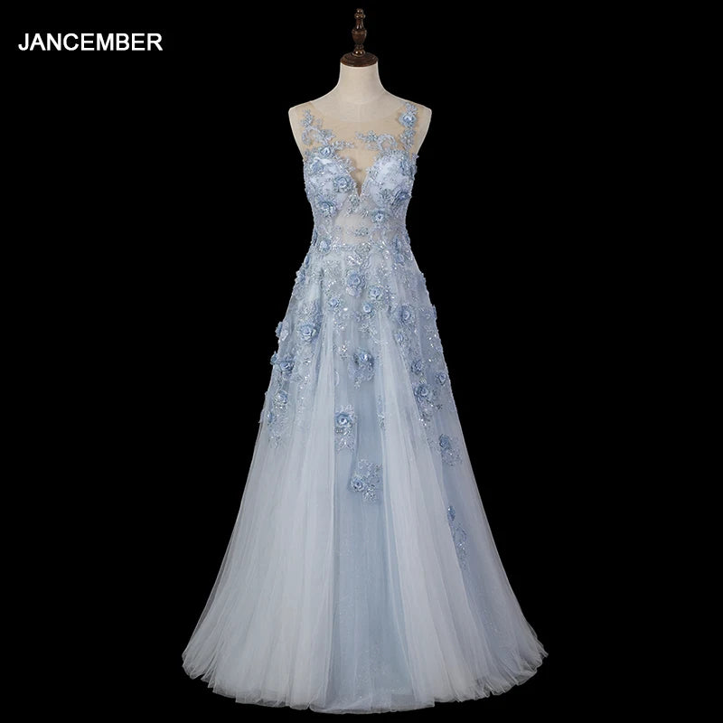 Sky Blue Prom V-Neck Bridesmaid Dress Floral Dress A-Line Slit Layered Tulle Evening Dresses Lsdz109