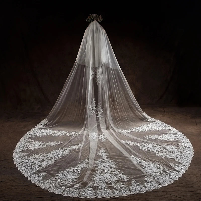 Fancy Luxury High End Fine Craftsmanship Bridal Lace White Wedding Veil Long Tail Grace Wedding Accessories
