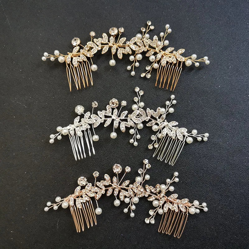 SLBRIDAL Handmade Crystals Rhinestones Pearls Alloy Leaf Bridal Hair Accessories Hair Comb Chain Wedding Headband Women Jewelry