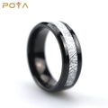 8mm Polished Beveled Edge Silver White Simulated Meteorite Black Tungsten Ring