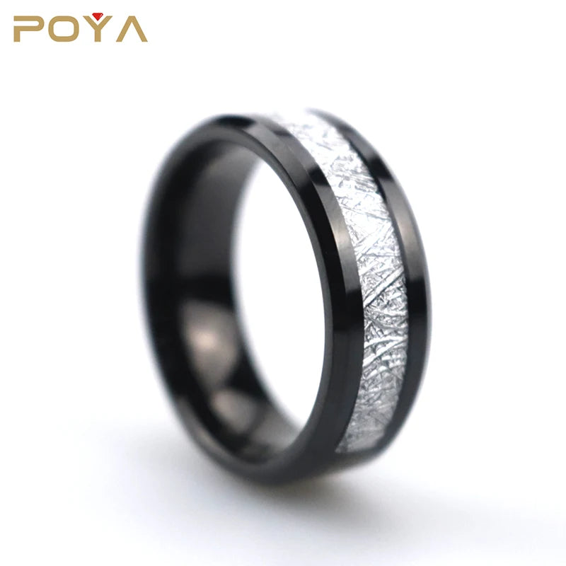8mm Polished Beveled Edge Silver White Simulated Meteorite Black Tungsten Ring
