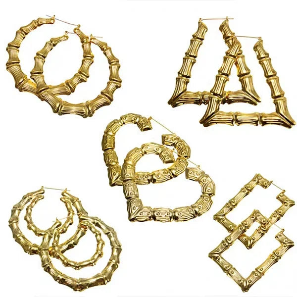 Gold Plated Personalized Big Large Gold Custom Hoop Door Knocker Bamboo Earrings