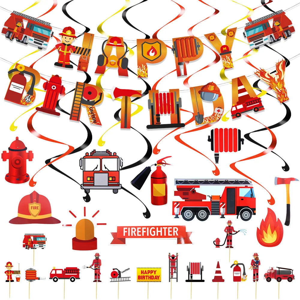 Fire Truck Construction Vehicles Theme Birthday Banner Cake Topper Spiral Set for Boys Birthday Party Decoration Supplies