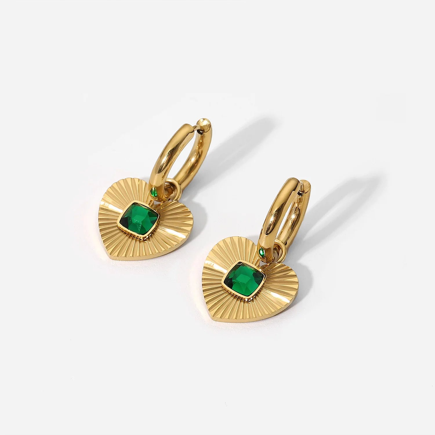Dropshipping Vintage 18K Gold Plated Fashion Jewelry Square Green Zircon Love Pendant Earrings Stainless Steel Hoop Earrings