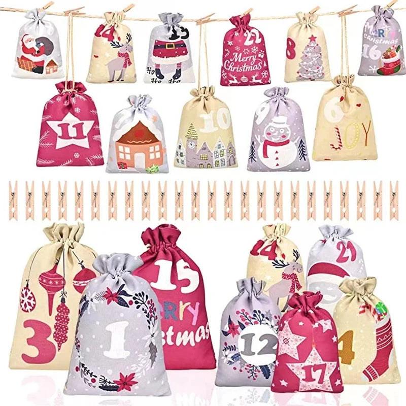 Fabric Handmade Customized 24-Door Christmas Advent Calendar Bag DIY Home Decorations Hanging Candy Gift Bags Santa Sack