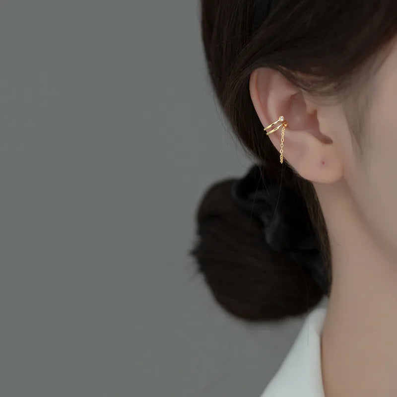 925 Sterling Silver Gold Plated CZ Clip on Earrings Fashion Non Piercing Ear Cuff With Tassel Chain Jewelry for Women
