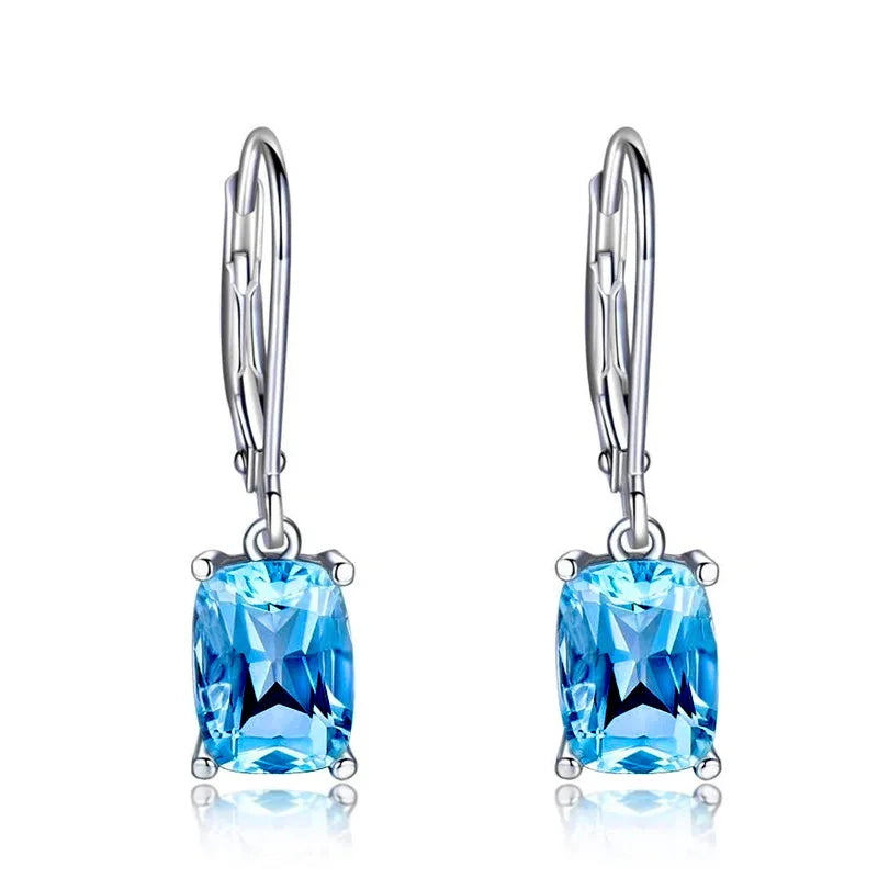 Dainty Square Cut Blue Zircon Dangle Drop Earrings Women's Trendy Gold Plated Buckle Hoop Earrings for Girls