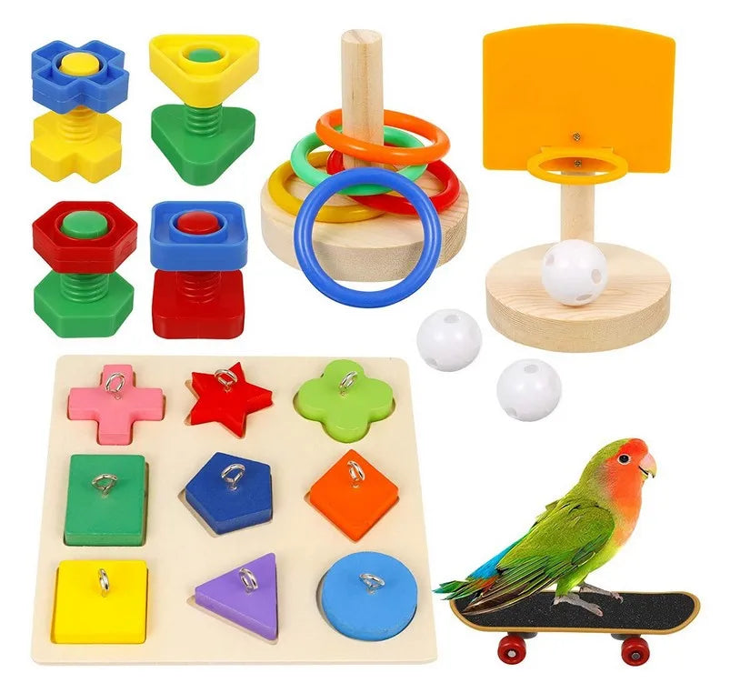 5 Sets Durable Bird Toy Basketball Frame Nine Colored Wooden Blocks Toy Skateboard Toy for Bird Interactive Training