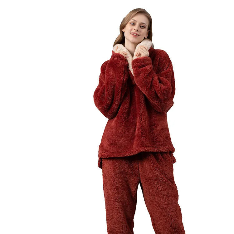 Autumn Winter Warm Thick Women Nightgown Long-sleeved Two Piece Large Size Coral Flannel Velvet Sleepwear Women's Pajamas