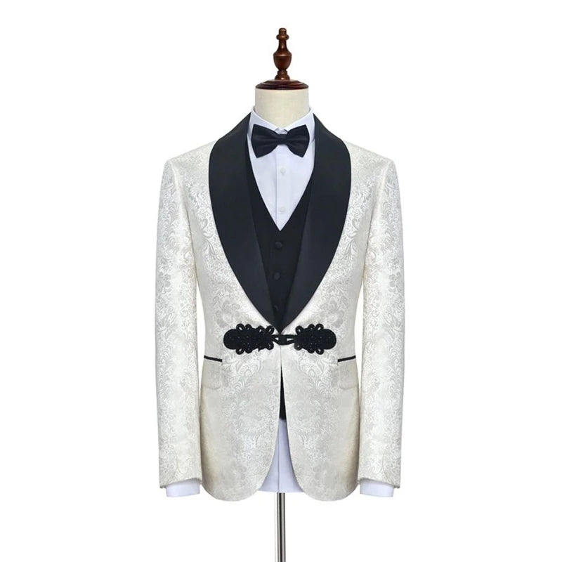Handsome One Button Printing Groom Tuxedos Shawl Lapel Wedding Men Suits Three Pieces Prom Dinner Blazer (Jacket+Pants+Vest)