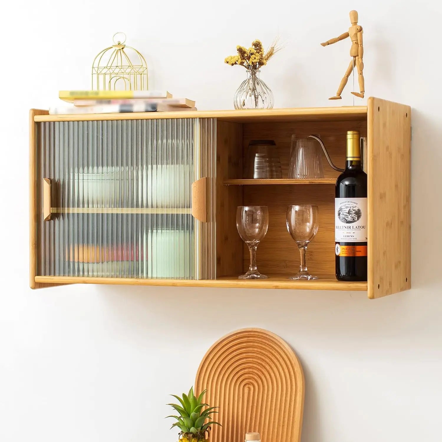 Custom Kitchen Pantry Sideboard Bamboo Wall Mounted with 2 Doors Storage Boxes & Bins