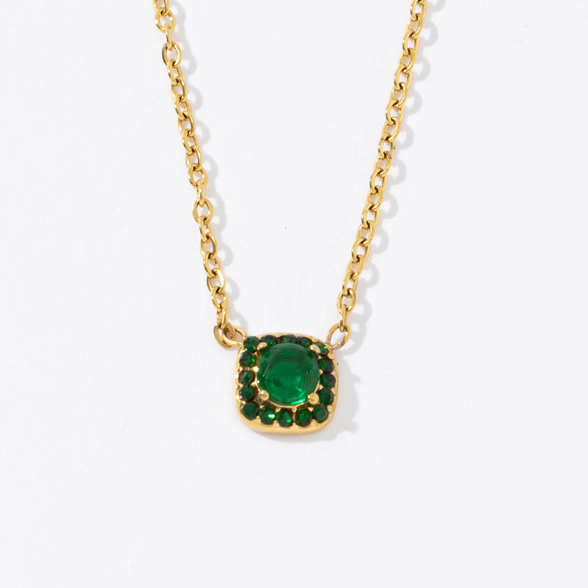 Vintage Trendy Waterproof 18K Gold Plated Stainless Steel Link Chain Round Green Zircon Pendant Necklace