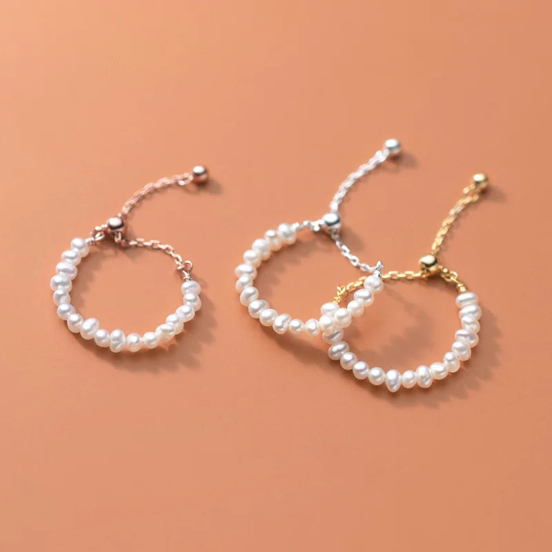 Exquisite 925 Silver Jewelry Adjustable Freshwater Pearl Bead Chain Ring 925 Sterling Silver Ring for Women Gift