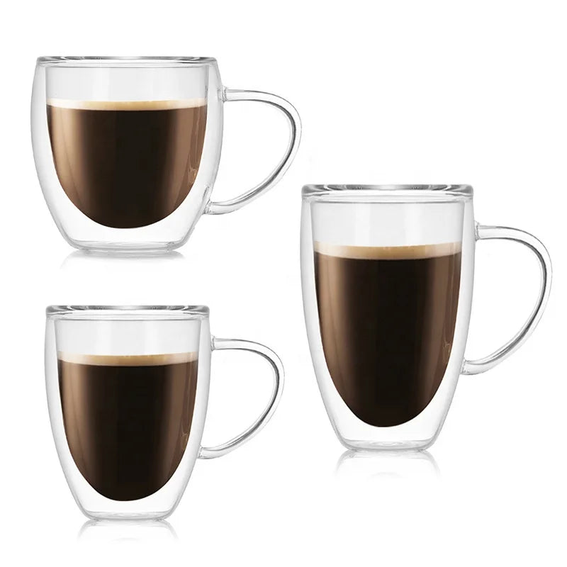 Different Size Borosilicate Double Wall Glass Coffee Cup with Handle