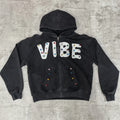 OEM New Fashion Vintage Acid Wash 500GSM Cotton Hoodie Puff Printing Letter Custom Rhinestone Zip up Hoodie for Men