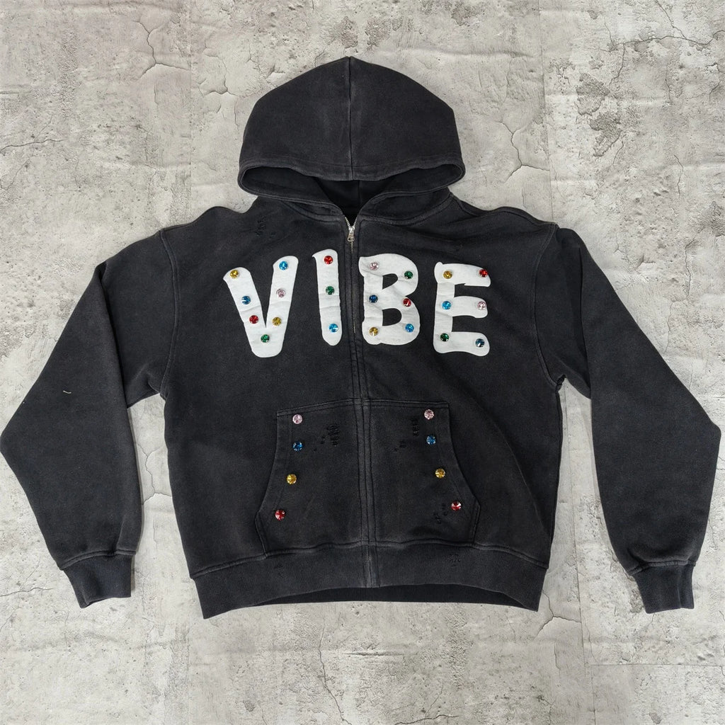 OEM New Fashion Vintage Acid Wash 500GSM Cotton Hoodie Puff Printing Letter Custom Rhinestone Zip up Hoodie for Men