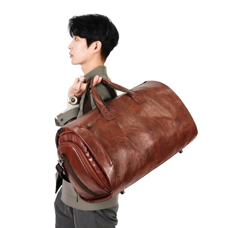 Retro Style Handheld Duffle  Business Suit Garment Bags Custom Logo PU Material with Zipper Closure Travel Luggage Bag
