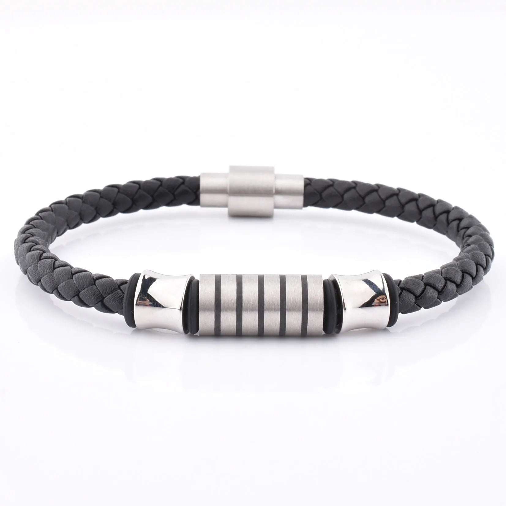 Simple Custom Italian Men's 316L Stainless Steel High Polished Charm Genuine Leather Trendy Bangle Bracelet