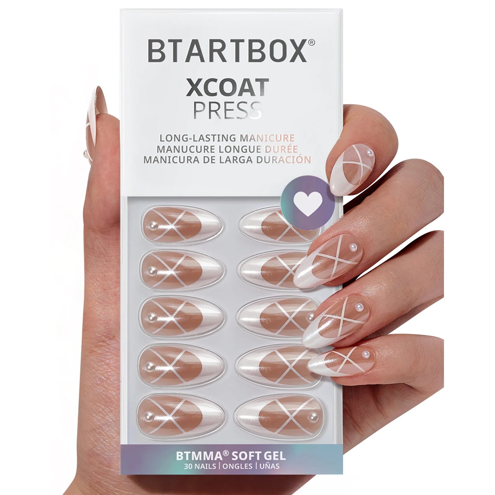 BTARTBOX Almond French Style Artificial Fingernails Wholesale Luxury Soft Gel 3D Pearl Accents Chrome French Tip Press on Nails