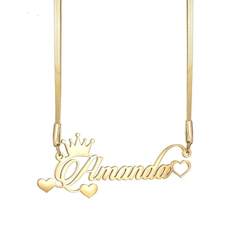 New Design Custom Name Necklace with Crown Decoration 4mm Wide Snake Chain Stainless Steel Gold Plated Waterproof