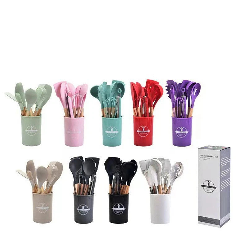 Silicone Kitchenware Set With Wooden Handle Non-stick Cooking Spatula and Spoon Storage Bucket Silicone Kitchenware
