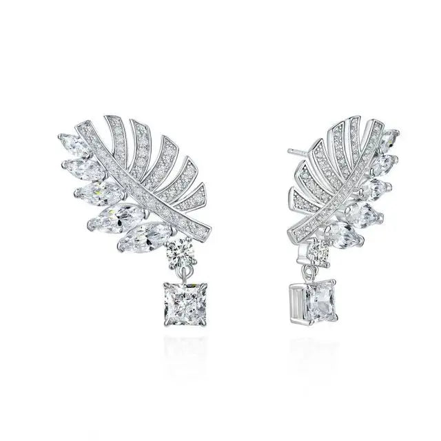 New Fashion CZ Cubic Zirconia Earring 925 Sterling Silver Feather Studs Earrings for Women