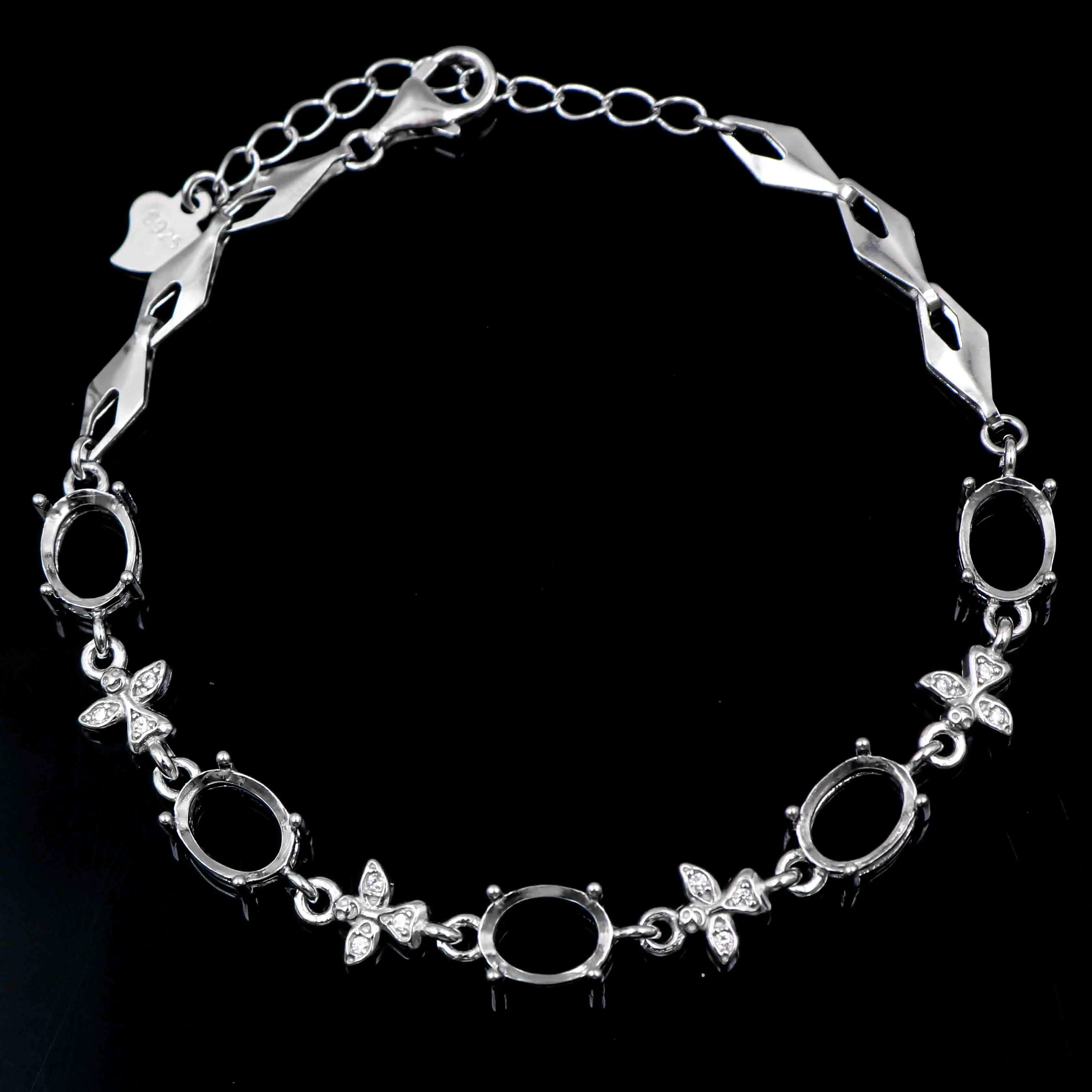 Sterling Silver 6*8mm Semi Mount Bracelet Empty Frame Blank Claws Setting S925 Base Holder Without Center Stone Inlay for DIY