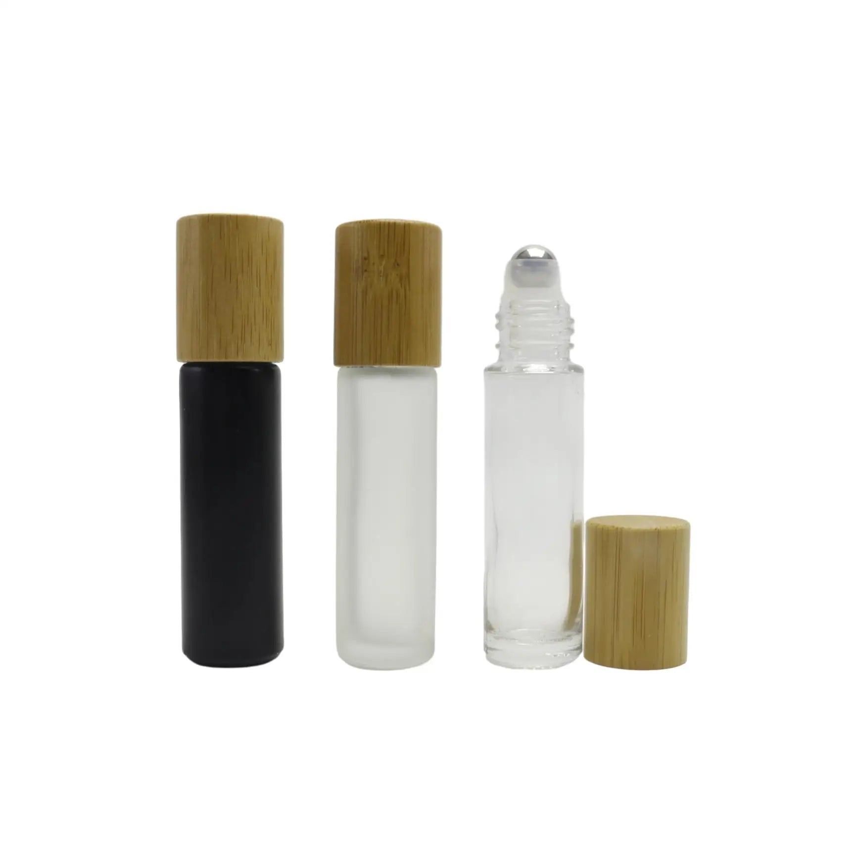 Natural Ecofriendly 10ml 5ml Roll on Bottle Bamboo Cap Essential Oils Roller Ball Glass Bottle Frosted Glass Roller Bottle