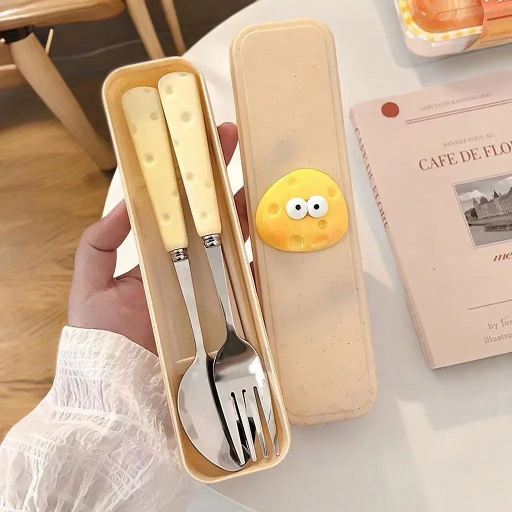 Cute Cheese Ceramic Handle Stainless Steel Portable Flatware Set Spoon Fork Chopsticks Children's Tableware Set