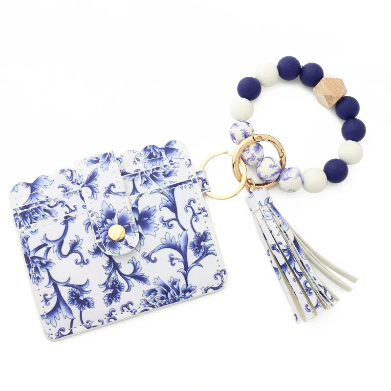 Blue White Porcelain Silicone Rubber Bead Wristlet Compass Keychain Anti-Lost Function for Flower Card Bag Geometric Wallet
