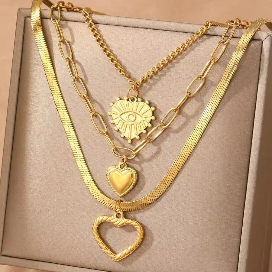 Acero Inoxidable Mujer 3pcs/ Set Waterproof Non Tarnish Retro Heart Eye Shaped Stainless Steel Pendant Necklace Set for Women