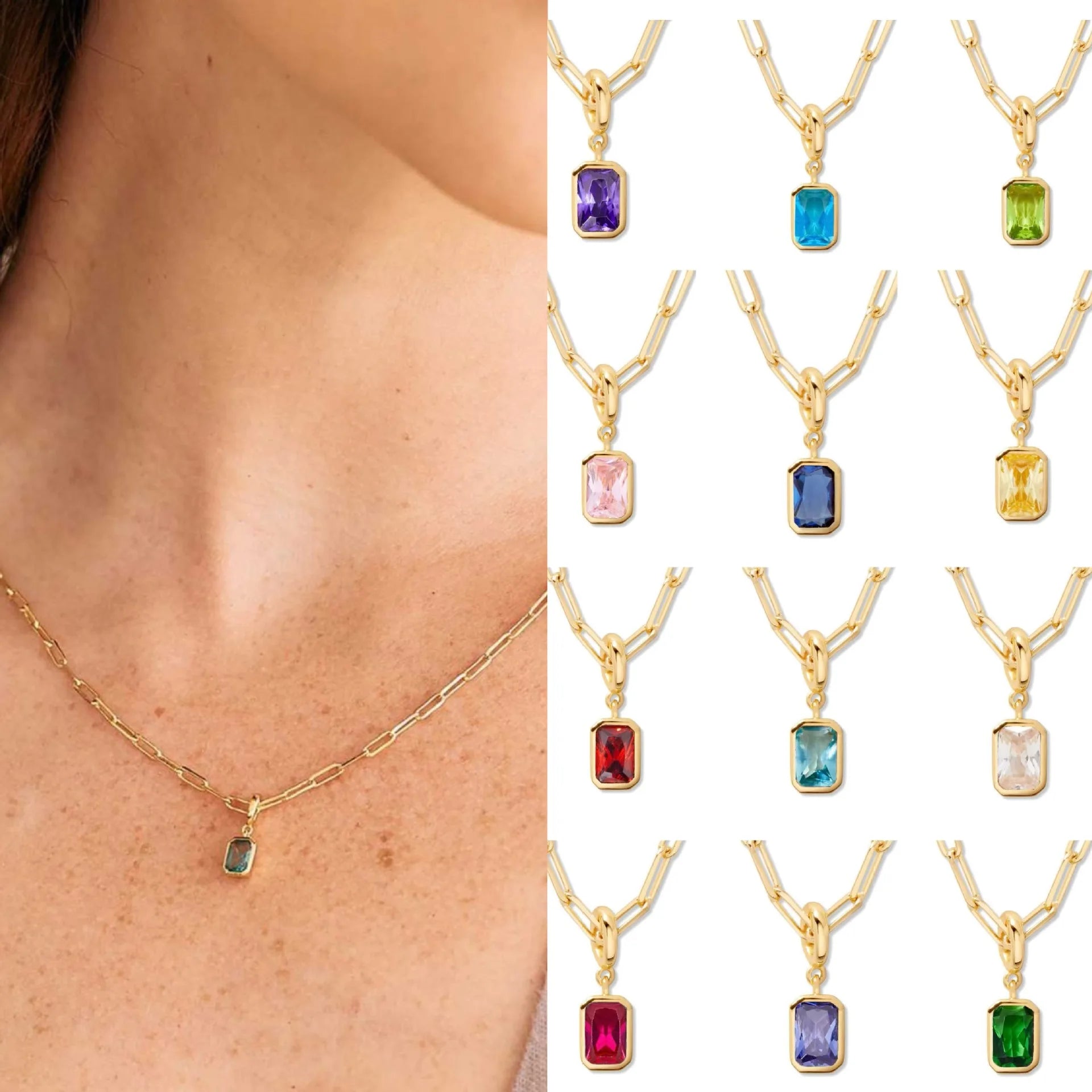 18K Gold Plated Square Pendant Zircon December Birthstone Fashion Style Stainless Steel Color for Party Birthday Gift Charms