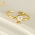 Vintage Women Fashion Jewelry Adjustable 18K Gold Plated Stainless Steel Open Mountings Pearl Ring