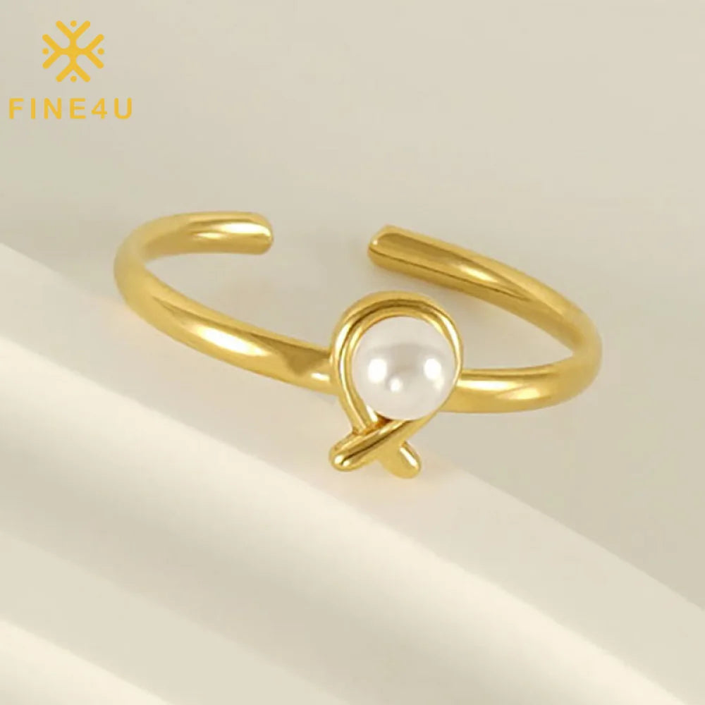 Vintage Women Fashion Jewelry Adjustable 18K Gold Plated Stainless Steel Open Mountings Pearl Ring