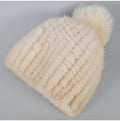 MWFur Warm Mink Fur Cap with Fox Fur Pom Poms Fashion Winter Knitted Mink Fur Hat for Women