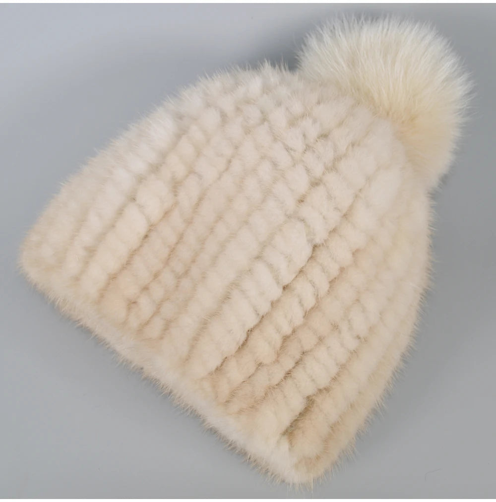 MWFur Warm Mink Fur Cap with Fox Fur Pom Poms Fashion Winter Knitted Mink Fur Hat for Women