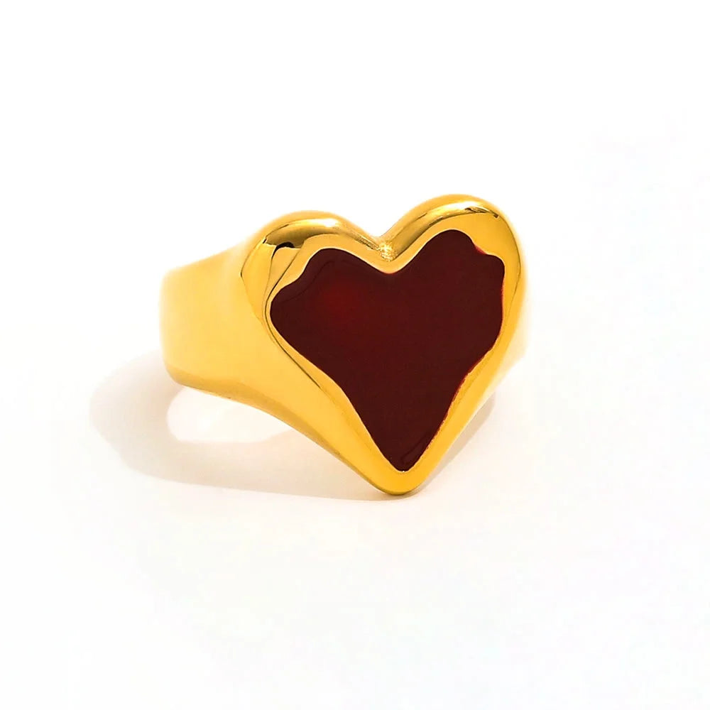 Non Tarnish & Waterproof Red Epoxy Heart Stainless Steel Statement Ring for Women 18k  Gold Plated Jewelry