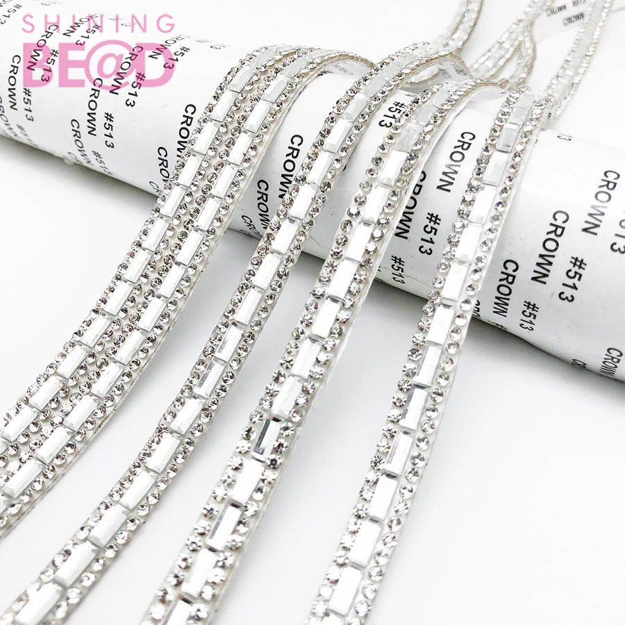 Rectangle Glass Crystal Rhinestone Hot Fix Iron-On Trim Tape for Garment Shoes Bags
