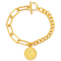 HOVANCI Hot Sale Real Gold Plating Cuban Chain Bracelet Stainless Steel OT Buckle Queen Disc Pendant Bracelet