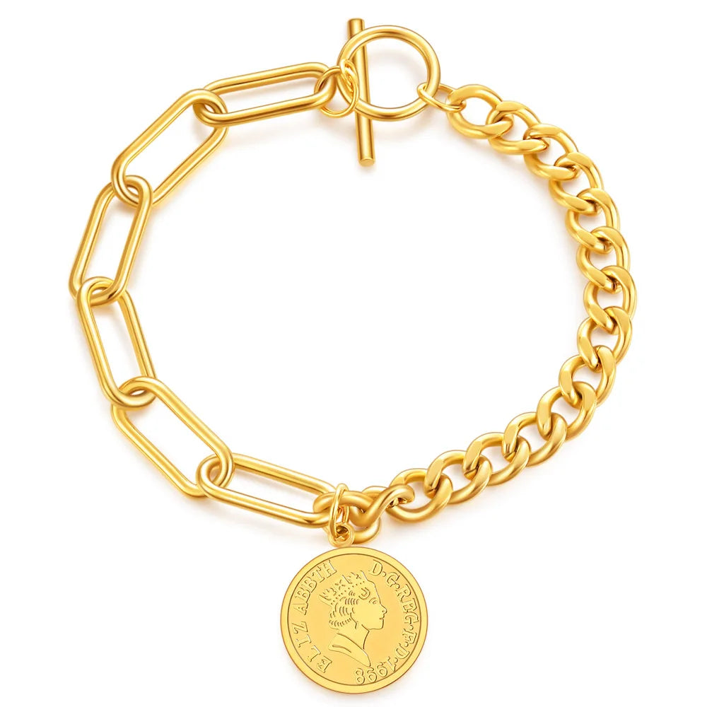 HOVANCI Hot Sale Real Gold Plating Cuban Chain Bracelet Stainless Steel OT Buckle Queen Disc Pendant Bracelet