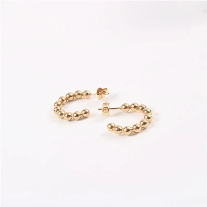 Simple Women Daily Wear Small Lucky Ball Beaded Stainless Steel Hoop Stub Cuff Earrings