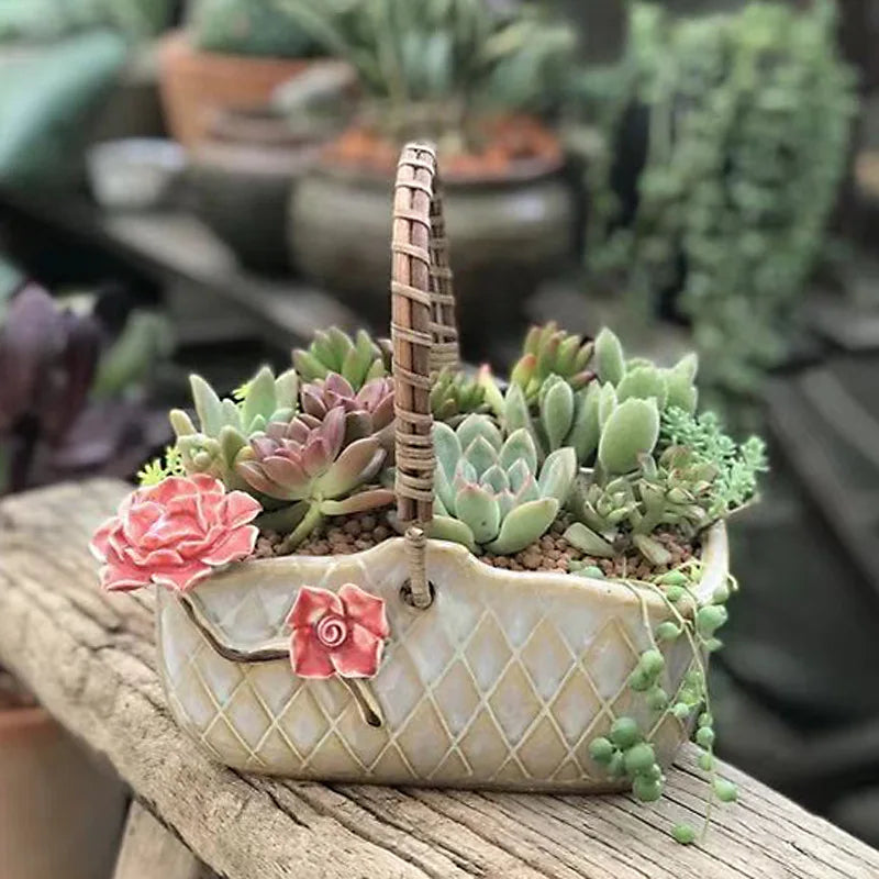 Flower Basket Rattan Woven Portable Hanging Succulent Pot