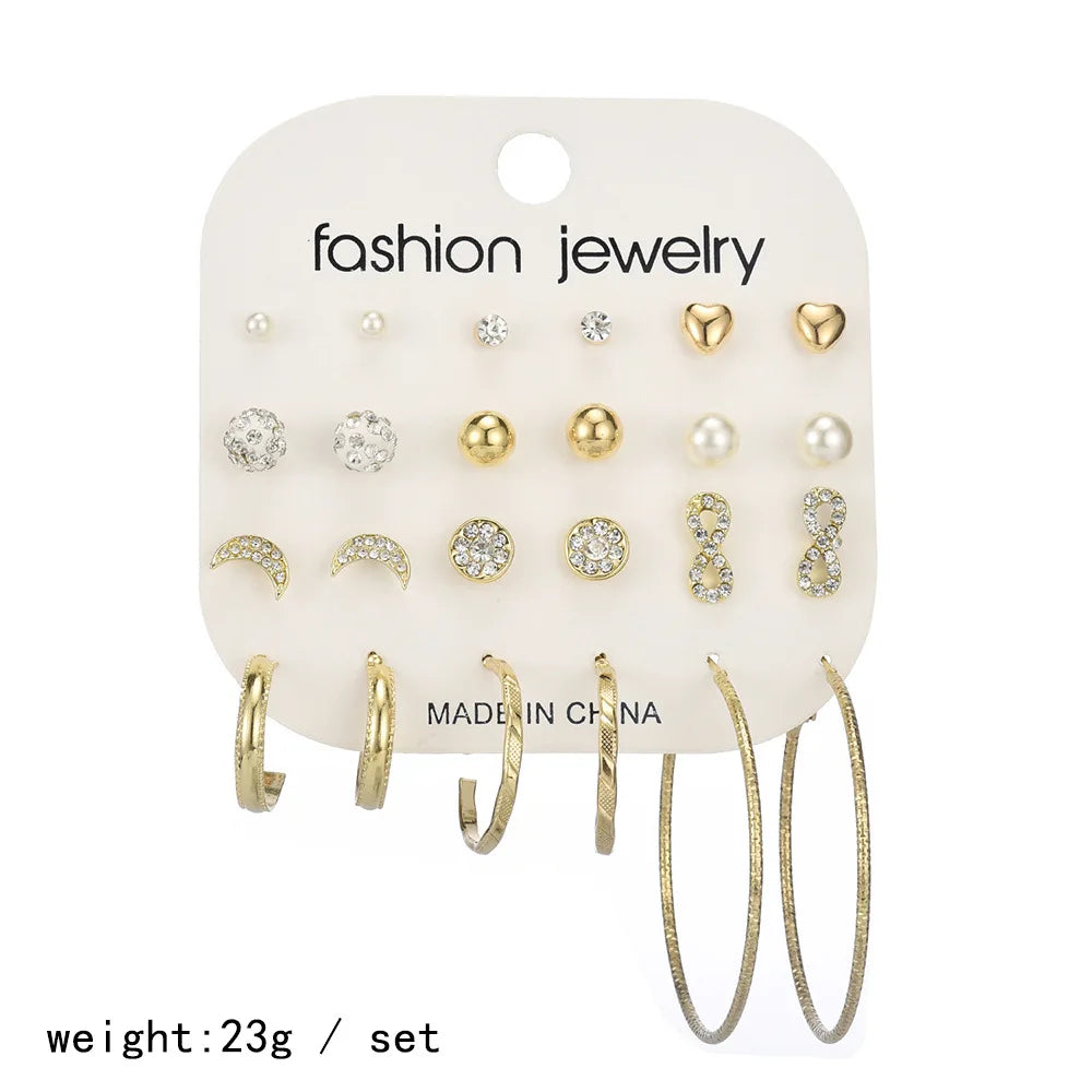 9 Pairs/Set Unicorn Crystal Simulated Pearl Stud Earrings For Women Vintage Boho Heart Earring Set