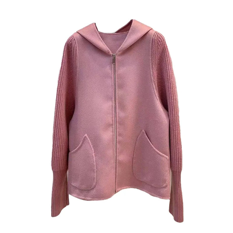 Handmade Winter Luxury Long Knitted Sleeves Women Cashmere Wool Coats With Hooded
