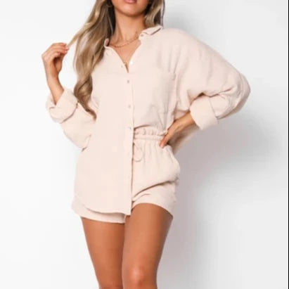New Fashion Fall Clothes for Women 2 Piece Shirt and  Shorts Set Buttons Front Long Sleeve Crop Top Tracksuit Set