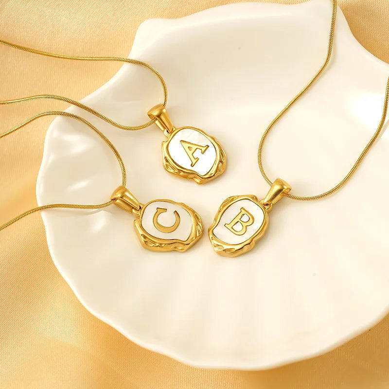 Trendy 18K Gold Plated Initial Letter A-Z Pendant Personalized Dainty Stainless Steel Name White Shell Necklace for Women