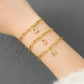 New Arrivals Gold Plated Crystal Initial Letter Bracelet Jewelry Stainless Steel Paper Clip Chain Initial Bracelet for Women